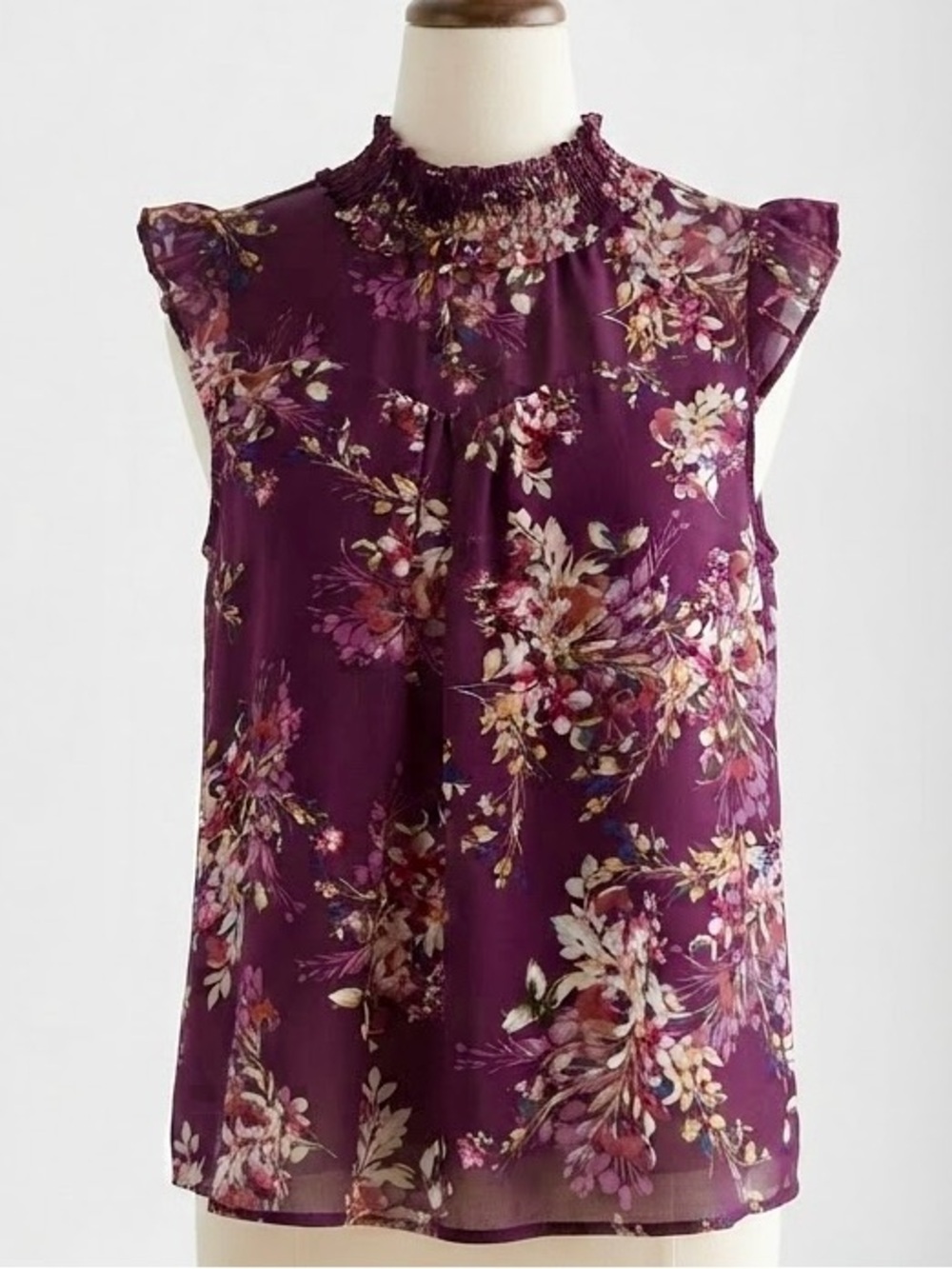 Monteau| Plum & Gold Fall Floral Mock Neck Lightweight Sleeveless Top Sz M